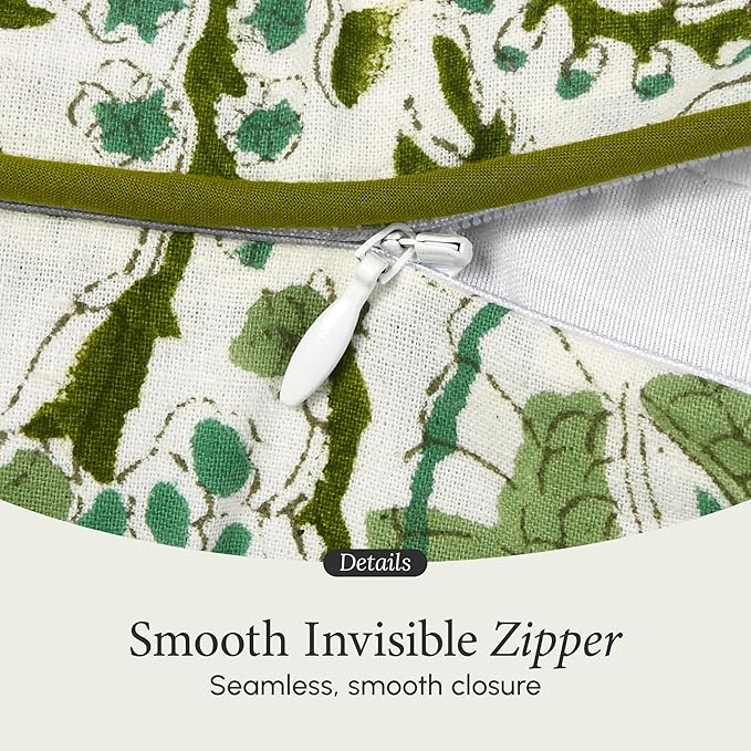 CPC 100% Cotton Throw Pillow Covers 18x18 Inch, Set of 2 Green Block Print Pattern Couch Pillow, Cute Boho Decorative Pillows for Living Room, Bedroom with Hidden Zipper- Agate Green