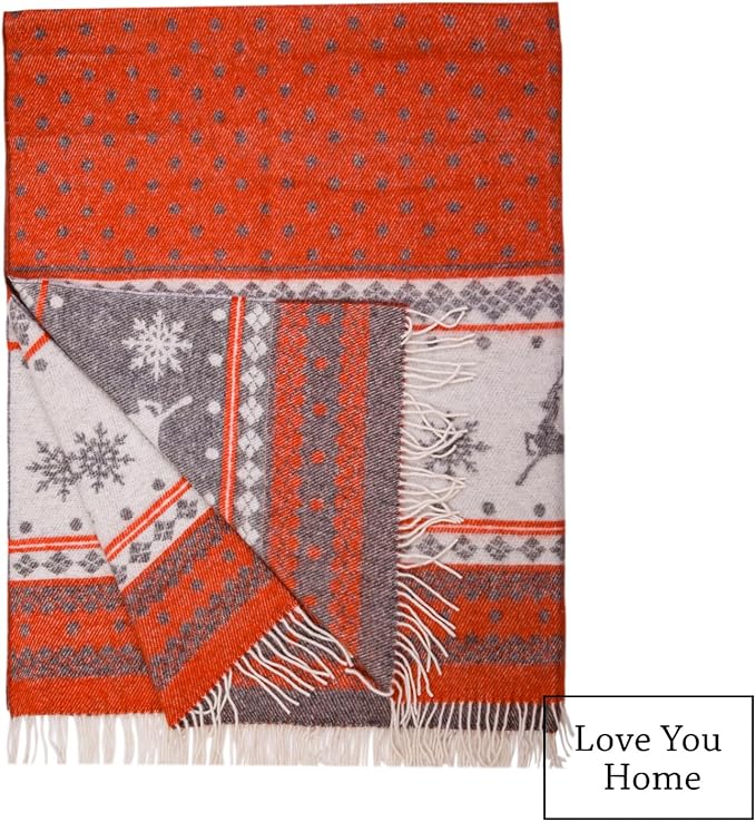 LYHome Merino Wool Blanket - Warm Throw for Cold Weather, Warmest Travel Outdoor Camping Blankets, Picnic Army and Military Throws, Comforter Soft & Cozy (55" x 79" Red with White Raindeers)
