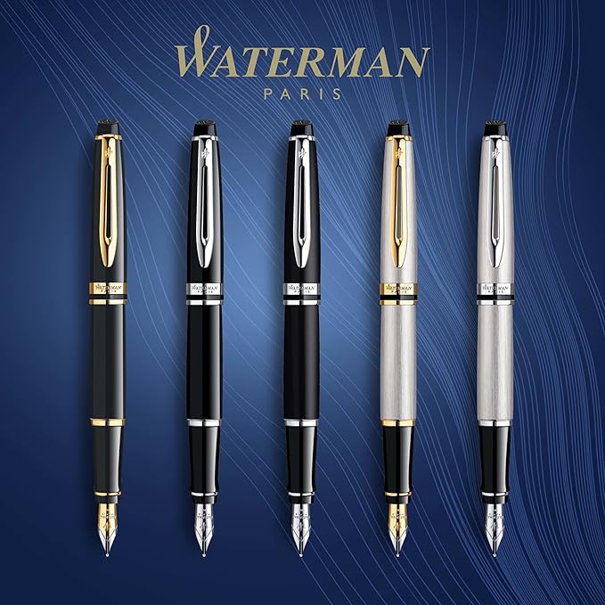 Waterman Expert Fountain Pen, Matte Black with Chrome Trim, Medium Nib with Blue Ink Cartridge, Gift Box