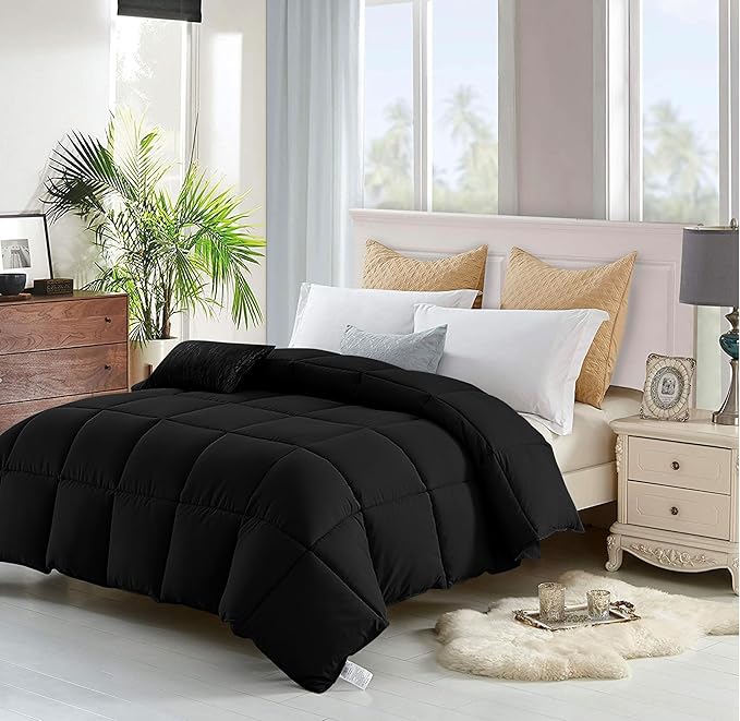 Down Alternative Comforter King Size - Fluffy Duvet Insert - Premium Plush All Season - Luxury Breathable Hotel Cooling Comforter - King Black 104x86 inches - Comes Compressed Packaging