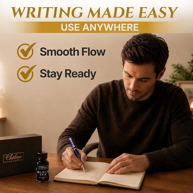 Château Avant Fountain Pen Set | Refillable Blue Fountain Pen with Black Ink Bottle, Fine Nib, and Converter | Smooth Writing Gift Set for Beginners, Men, and Women