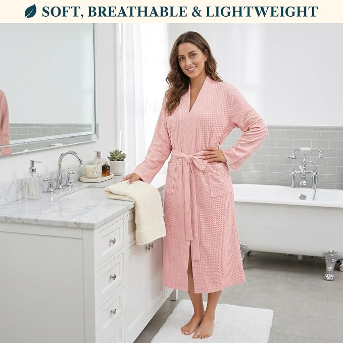 PAVILIA Womens Waffle Knit Robe Lightweight Cotton Blend Full Length House Bathrobe with Pockets