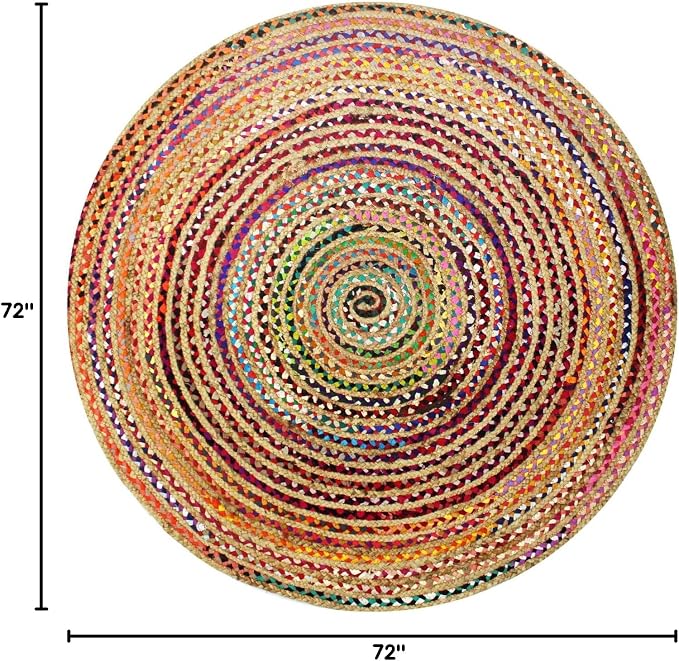 COTTON CRAFT Jute Chindi Braid Rag Rug - Boho Farmhouse Rustic Area Accent Throw Rug - Handwoven Reversible Natural Recycled Cotton - Living Room Den Study Home Décor Gift - 6 Feet Round - Multi Color