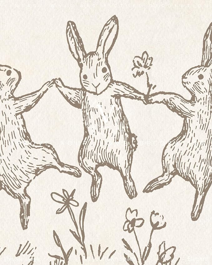Vodefoad Bunnies Sketch Vintage Wall Art Retro Nursery Dancing Bunnies Art Print Neutral Cottagecore Nursery Decor Farmhouse Rustic Rabbit Wall Decor for Gallery Nursery Bedroom Bathroom Office - 8x10Inch Unframe