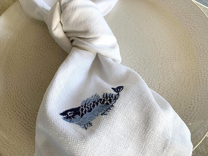White Linen Dinner Napkins - 100% Linen Cloth - Fully Hemmed with Mitered Corners - Washable - Pack of 4 (Nautical Marine Embroidered)