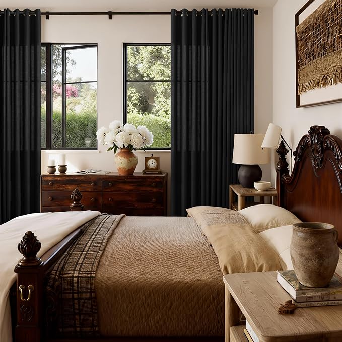 Black Living Room Curtains 96 Inches Long Grommet Light Filtering Faux Linen Black Drapes Modern Farmhouse Decor Semi Sheer 96 Inch Curtains 2 Panel Set for Patio Sliding Door Bedroom Home Office