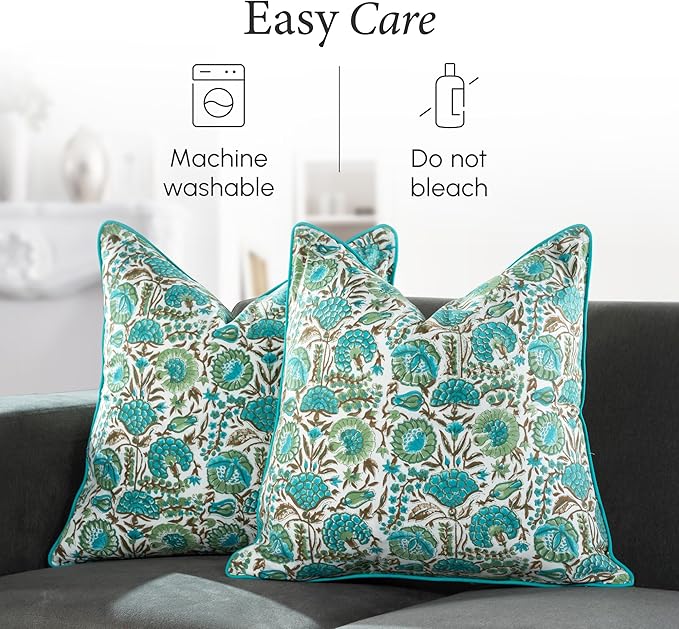 CPC Aqua Green Floral Printed Throw Square Cushion Covers - 24x24 Inch 100% Cotton Washable Decorative Couch Pillows Covers for Living Room Bed Sofa and Outdoors Spring, Summer Gifts