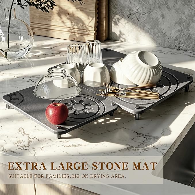 Grey Stone Drying Mat For Kitchen Counter, 3 PCS Wuvsveai Diatomaceous Earth Dish Drying Mat, Kitchen Mat, Stone Bath Mat for Bathroom, Dish Drying Rack & Dish Drainers for Countertop(Midnight Grey)