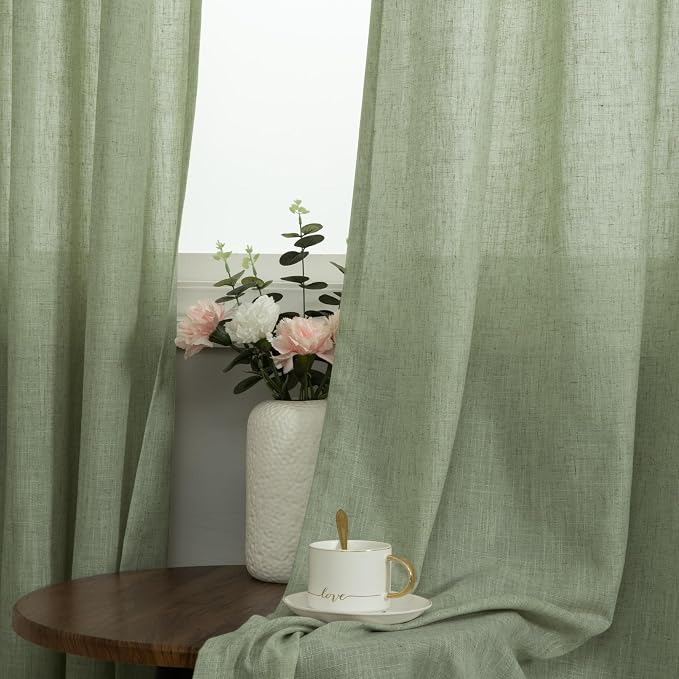 Light Sage Linen Curtains 72 Inch Length for Bedroom 2 Panels Grommet Light Filter Linen Textured Semi Sheer Opaque Sage Green Curtains for Living Room Bay Window Cottage Farmhouse 6FT 6 FT Long 52x72