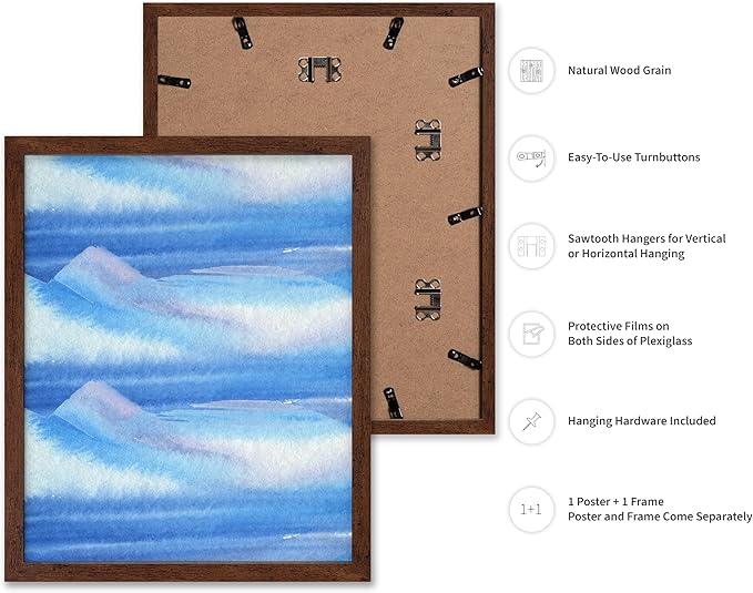 Monem Art Blue Watercolor Abstract Landscape Print - Minimalist Ocean Horizon Art Poster - Wall Decor for Living Room, Bedroom or Office - 8x10 Brown Framed Wall Art by Rs Lab Studio