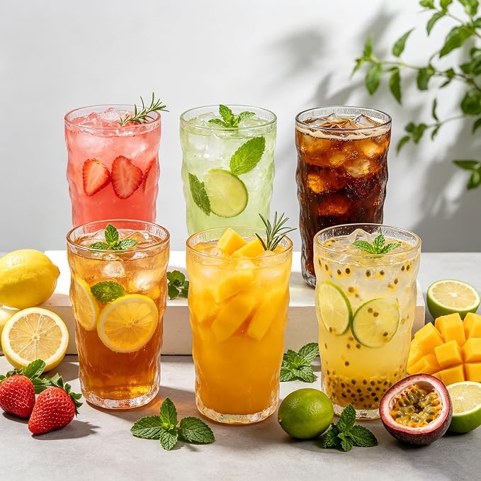Frcctre 9 Pack Vintage Drinking Glasses, 13 oz Romantic Water Glasses Tumblers Hammered Glacier Beverage Tumblers Vintage Glassware Set for Beverages, Juice, Beer, Water, Cocktails, Whiskey