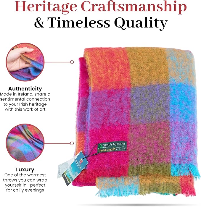 Biddy Murphy Ultra Soft Irish Mohair & Wool Throw Blanket, Made in Ireland, 54"x72", Bright Pink Mustard Purple & Aqua Block Check