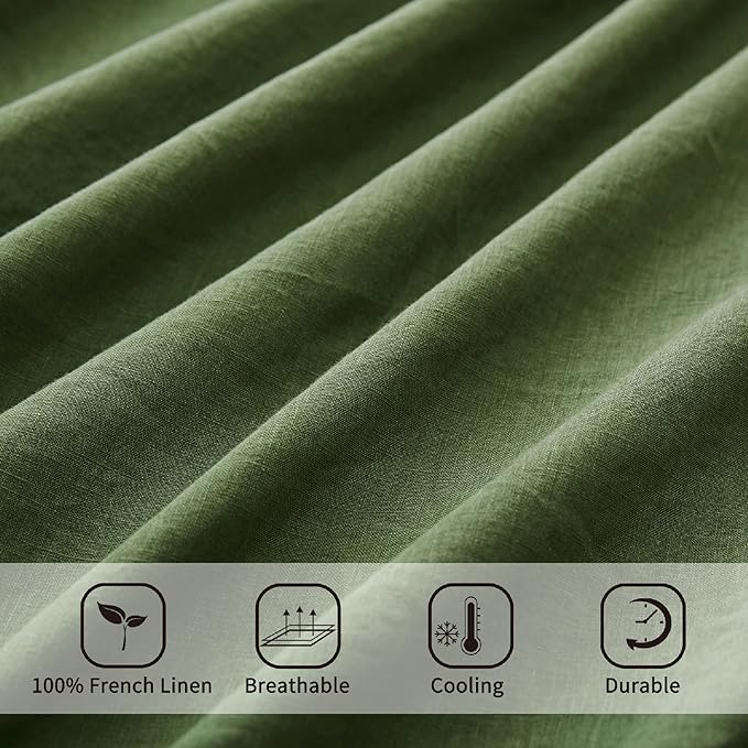 ATLINIA 100% Pure Flax Linen Bedding Set - Stone Washed French Linen Fabric Deep Pocket Fitted Sheet Farmhouse Flat Sheet 2 Pillowcases (Green, Queen)