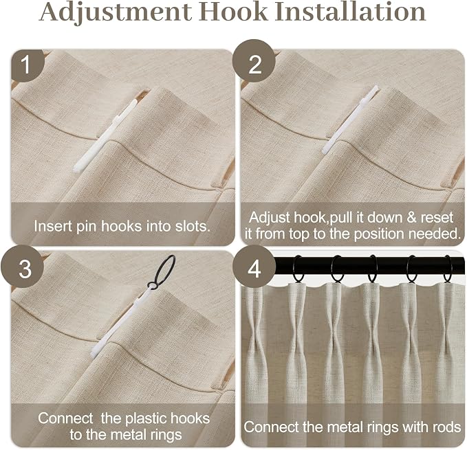 IVAPUPU Extra Wide Pinch Pleated Linen Curtains for Living Room, Light Filtering Privacy Memory Training Semi Sheer Pleated Curtain with Hooks Rings Back Tab Drapes, 70Wx96L, Sand Beige, 1 Panel