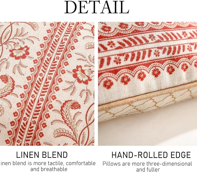ISAENNE Design Euro Linen Rectangle Throw Pillow Covers 12"x20" Pack of 2, French Country Cushion Covers with Orange Morris Floral Pattern Decoration Pillowcases for Bed, Living Room, Outdoor, Car