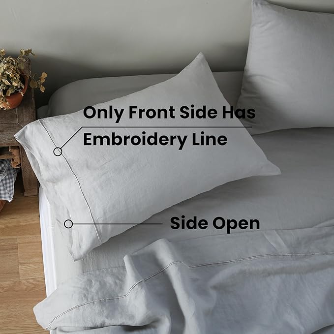 100% French Linen Pillowcases with Embroidery - Pack of 2 - Washed Solid Color Natural Flax Soft Breathable - Grey, 20'' x 40''