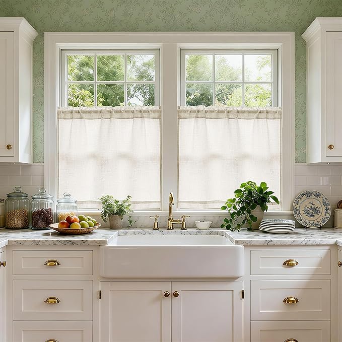 Natural Linen Kitchen Window Curtains Over Sink 36 Inch Length for Farmhouse Cafe Bathroom Small Window Drapes Cream Semi Sheer Light Filtering Privacy Small Curtains W34xL36