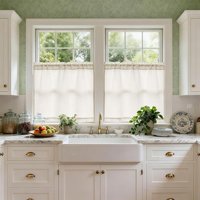 Natural Linen Cafe Curtains 30 Inch Length Semi Sheer Light Filtering Privacy Small Curtain for Kitchen Bathroom Basement Window Rod Pocket Boho Cream Short Curtains 30 Inches Long W34xL30