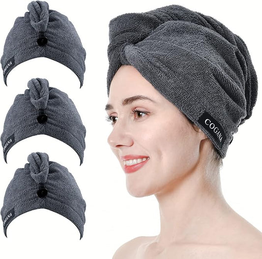 3Pack Grey Microfiber Hair Towel, Hair Towel Wrap for Women, Hair Drying Towel with Button, Hair Wrap Towel for Curly Hair, Hair Turban for Wet Hair (Grey 3 Pack, 10Wx28L)