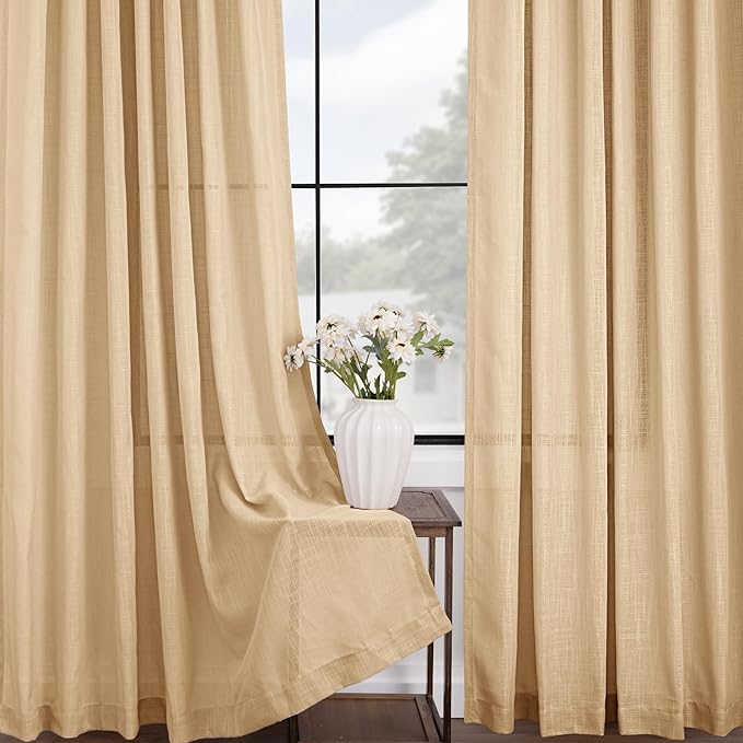 Tan Linen Curtains 102 Inches Long for Living Room Back Tab Rustic Farmhouse Semi Sheer Light Filtering Window Curtain Dining Room Soft Thick Flax Linen Textured Drapes Khaki 52x102