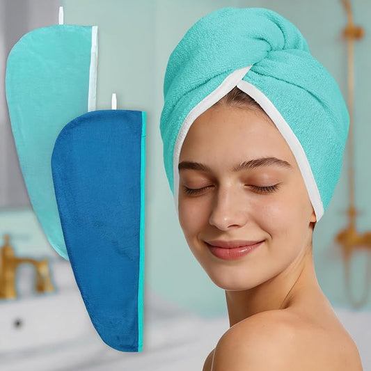 VOOVA & MOVAS Aqua & Blue Microfiber Hair Towel, 2Pcs Button-Free Elastic Loop Hair Turban, Ultra Soft Quick Drying Hair Wrap, Anti Frizz Highly Absorbent Towel