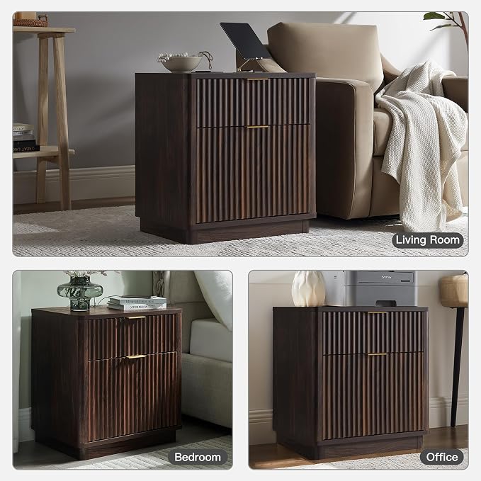 T4TREAM 23'' Fluted Nightstand Set of 2 with Charging Station, Large 2 Drawer Side Table, Modern End Table with Storage, Mid Century Bedside Table for Bedroom, Living Room, Curved Profile, Dark Walnut