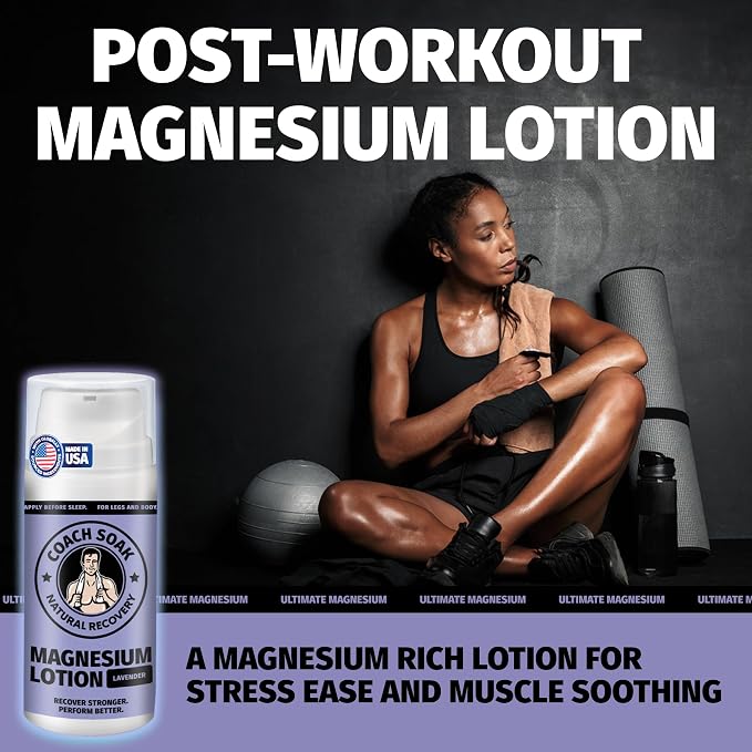 Coach Soak Magnesium Lotion with MSM & Menthol, Lavender 3.4 oz | Magnesium Chloride Non-Greasy Alternative to Epsom Salt Lotion and Cream - Apply Before Sleep for Feet, Leg Cramps & Body