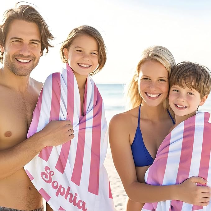 JML Personalized Beach Towel with Name, Custom Cabana Stripe Beach Towel, Customized Microfiber Pool Towel, Quick Dry & Absorbent Swim Towel for Adult,Anniversary, Birthday, Summer Holiday,Vacation