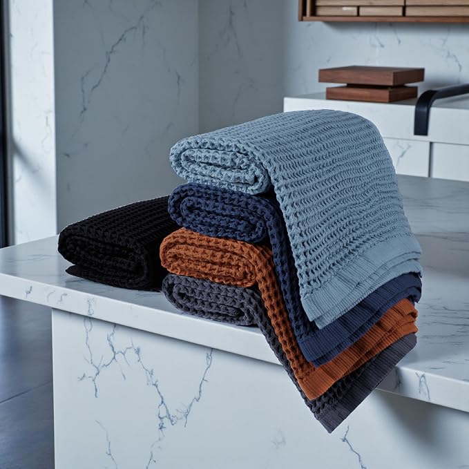 DEMMEX Organic Cotton Waffle Weave Turkish Towel Set for Bathroom, 1 Bath & 2 Large Hand Towels, 100% Oeko-TEX Certified Premium Turkish Cotton, Super Soft Lightweight Quick Dry (Jet Black)