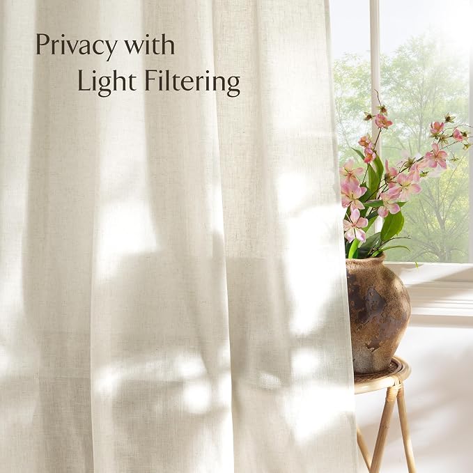 NICETOWN Linen Burlap Bedroom Curtains Natural, Rustic Rod Pocket & Back Tab Semi Sheer Flax Linen Weve Drapes Privacy with Light Filtering Window Treatmentes for Nursery, W37 x L60, Set of 2