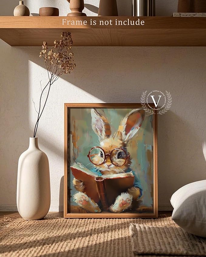 Vodefoad Cute Easter Bunny Reading Book Print Art Vintage Tiny Rabbit Big Glasses Wall Art Pring Nursery Painting Cute Animal Wall Decor Light Academia Decor Whimsical Rabbit Decor - 8x10Inch Unframe