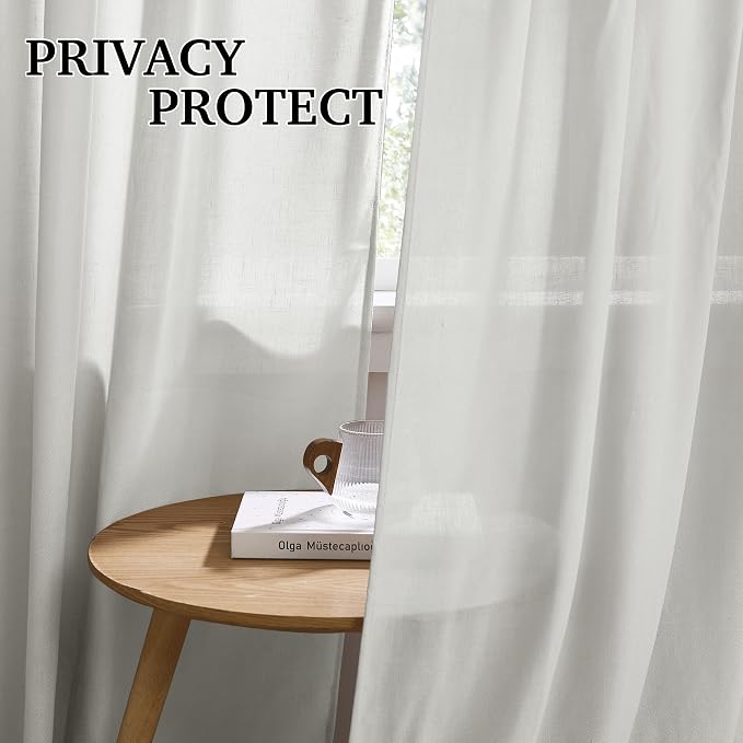 RYB HOME Farmhouse Curtains 90 inches Long, Linen Textured Semi Sheer Flowy Privacy Blind Shade for Dormitory Sliding Glass Door, W 52 x L 90 inches, 2 Panels Set