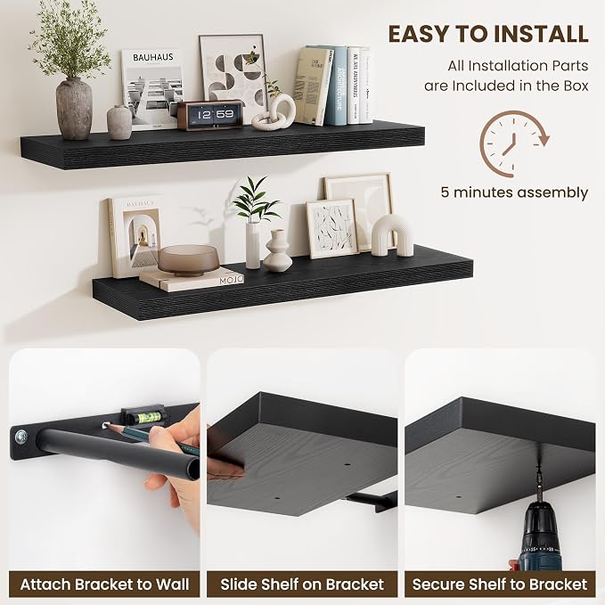 Fun Memories Floating Shelves for Wall, 30 Inch Long Floating Shelves Set of 3, 30 x 10 Wooden Shelves for Wall, Large Storage Shelves, Hanging Shelves for Bathroom Kitchen Bedroom, Black