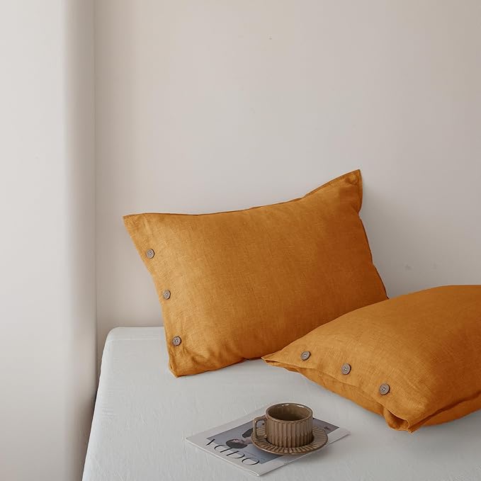 EVERLY 100% Linen Pillowcases Set of 2, French Linen from Normandy, 20X26Inch Standard Size, Natural Color, Coconut Buttons Closure, Flax Pillowshams-Pillowcase-Caramel