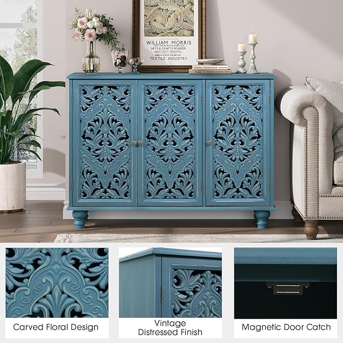 JOINICE 42.5" Accent Storage Cabinet with 3 Carved Doors,Mandala Blue | Versatile Storage for Living Room/Dining Room/Bedroom/TV Stand, Solid Wood Legs, Farmhouse/Rustic Style, Adjustable Shelf