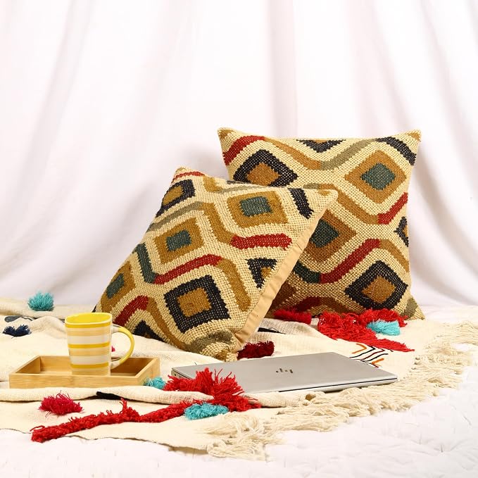 Trade Star 70% Jute 30% Wool Throw Cushion Cover Decorative Pillow Highly Durable Quality Handwoven Cushion Case Rug Pillowcase Set of 2 Kilim Pillow Cover Thick Rug Designer Case