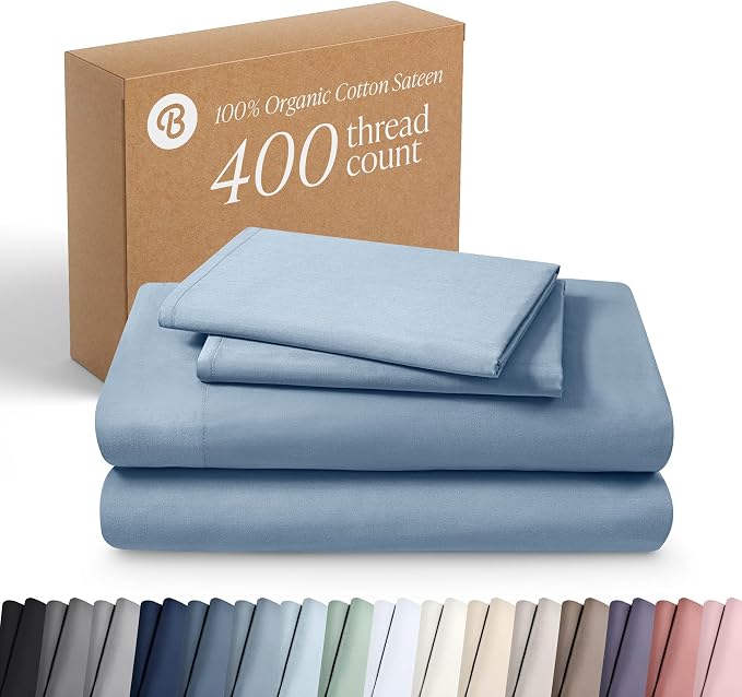 Bare Home 100% Organic Cotton Twin Extra Long Sheet Set - 400 Thread Count - Smooth Sateen Weave - Breathable & Cooling - Hotel Luxury Set - Deep Pocket Bed Sheets (Twin XL, Dusty Blue)