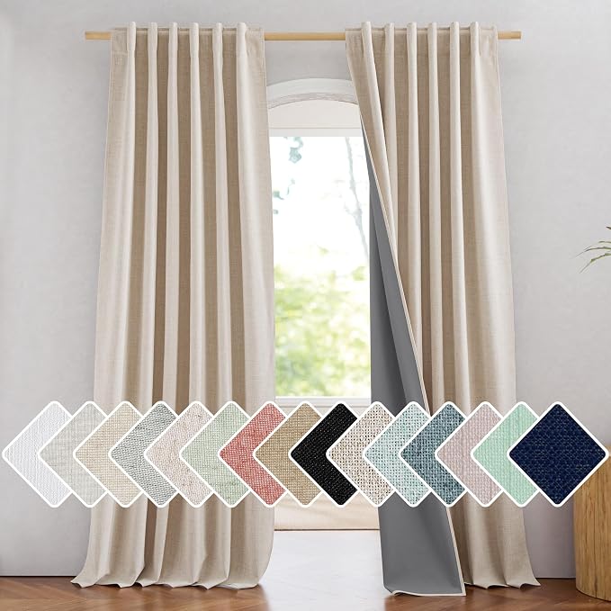 NICETOWN 100% Blackout Linen Curtains 108" Length, Thermal Insulated Long Drapes with Light Blocking Liner, Farmhouse Style Window Draperies for Hall/Villa, Living Room (2 Panels, 52" Wide)