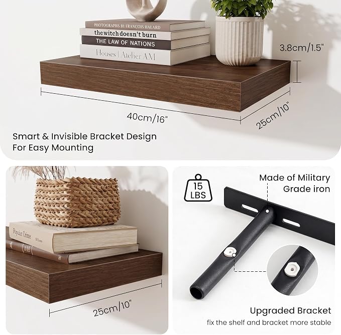 Fun Memories Wood Floating Shelves 16 Inch, 10 Inch Deep Shelves Wall Mount, Wall Shelves with Invisible Bracket, 16" Floating Shelves for Living Room Bathroom Bedroom, Walnut, Set of 2