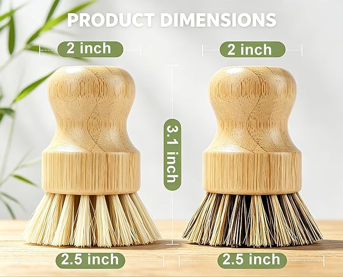 Bamboo Dish Brush Set with Palm and Sisal Bristles, 4 Pcs Natural Bamboo Dish Scrubber Brush for Kitchen Cleaning, Pots, Pans, Vegetables, Fruit