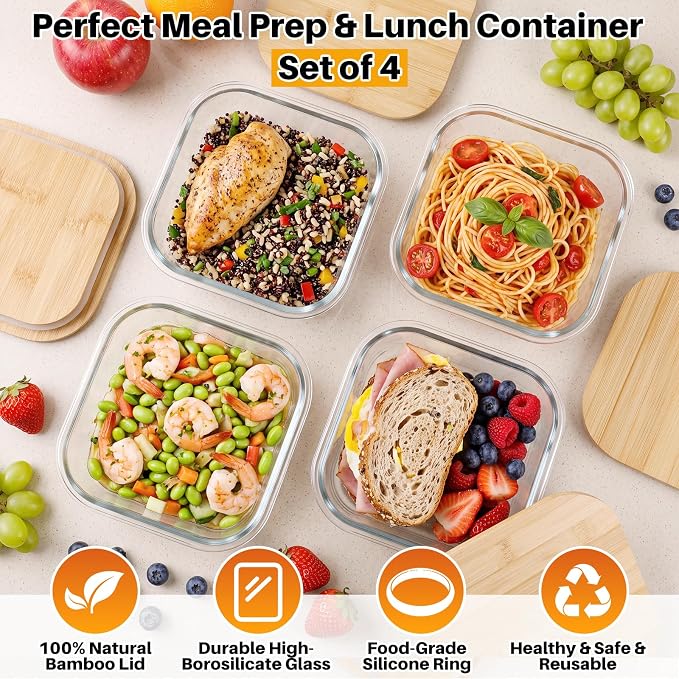 Blushtier 4 Pack 41 oz Borosilicate Glass Food Containers with Bamboo Lids, Stackable Glass Bowls for Meal Prep & Lunch, Microwave, Freezer and Dishwasher Safe