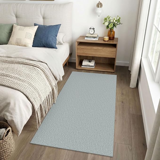 EARTHALL Washable Runner Rug 3x6 Ft Non Slip Runners for Hallways Wide Cotton Rubber Backed Kitchen Runner Braided Indoor Floor Carpet Runners for Entryway, Hallway, Kitchen, Bedroom, Turquoise/Gray