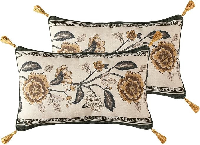 ISAENNE Design Linen Chinoiserie Rectangle Throw Pillow Covers 12"x20" Pack of 2, Farmhouse Cushion Covers with Yellow Floral Pattern Decoration Pillowcases for Bed,Living Room,Outdoor,Car