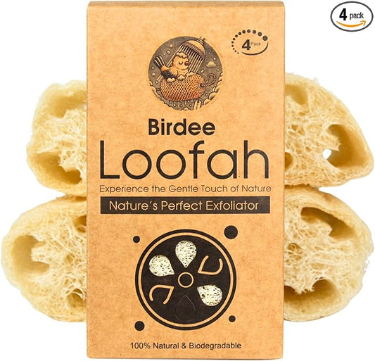 Birdee 100% Plant-Based Loofah Body Wash Sponge - Natural Luffa for Exfoliating and Radiant Skin, Hand-crafted in Vietnam, Pack of 4