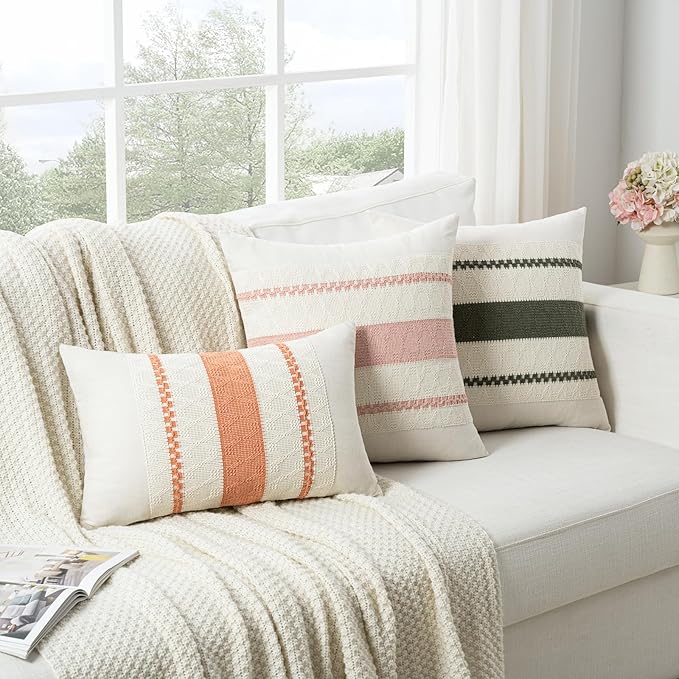 Fancy Homi Set of 2 Boho Coral Decorative Throw Pillow Cover 18x18 Inch for Couch Bed Sofa, Aesthetic Modern Organic Farmhouse Home Decor, Soft Cotton Cute Accent Macrame Woven Cushion Case