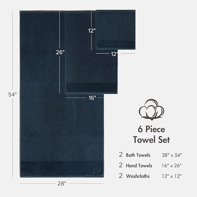 Madison Park Spa Waffle 100% Cotton Luxurious Towel Set, Premium Texture Waffle Weave, Highly Absorbent, Quick Dry, Hotel & Spa Quality Wash Clothes for Bathroom, Assorted Sizes, Navy 6 Piece