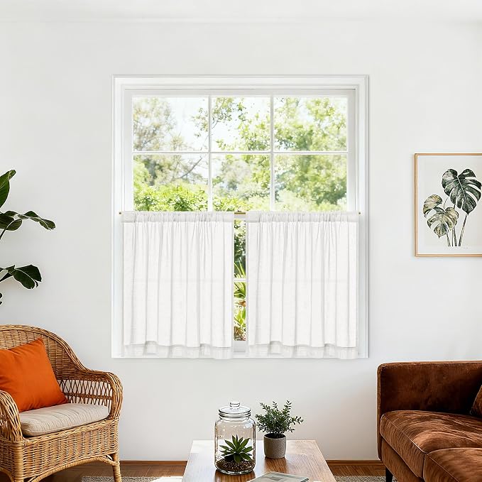 Off White Semi Sheer Linen Bathroom Curtains 36 Inch Long 2 Panels | Ivory, Curtain for Kitchen Laundry Over Sink, Privacy Assured with Light Through, Aesthetic, Rod Pocket Drapes, 25x36 Inches
