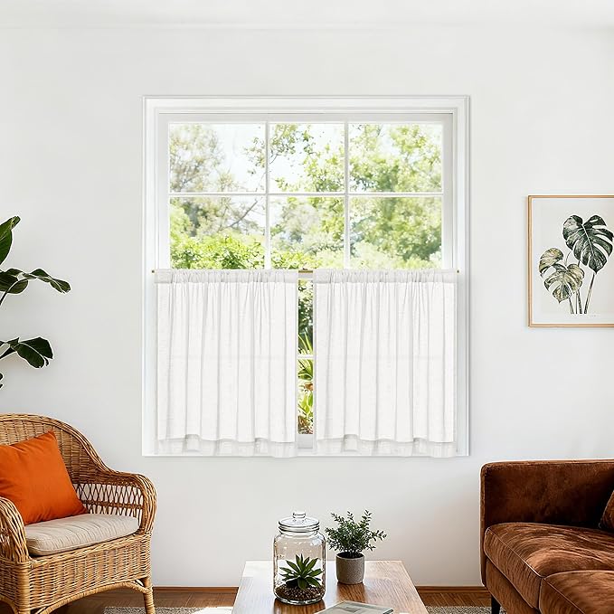 Off White Semi Sheer Linen Kitchen Curtains 24 Inch Length 2 Panels | Ivory, Cafe Short Drapes, for Bathroom RV, Half Window Treatments, Aesthetic Farmhouse, Light Filtering, 50x24 Inches