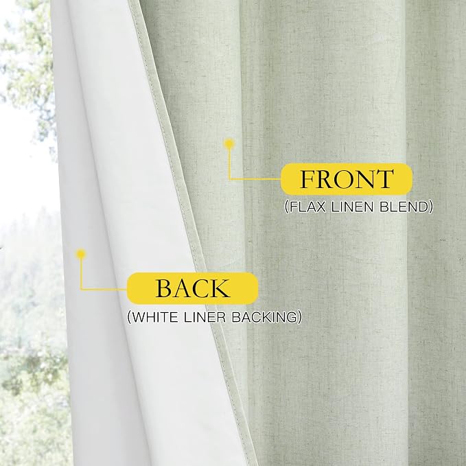 NICETOWN Living Room Full Blackout Light Green Linen Curtains 108" Length with Thermal Insulated Liners, Farmhouse Style Keep Warm Large Window Draperies for Hall (2 Panels, 52" W)