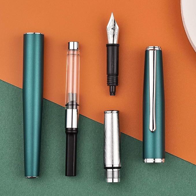 Hongdian 920 Green Metal Fountain Pen Medium Nib Classic Pen, Includes Refillable Converter and Pen Pouch